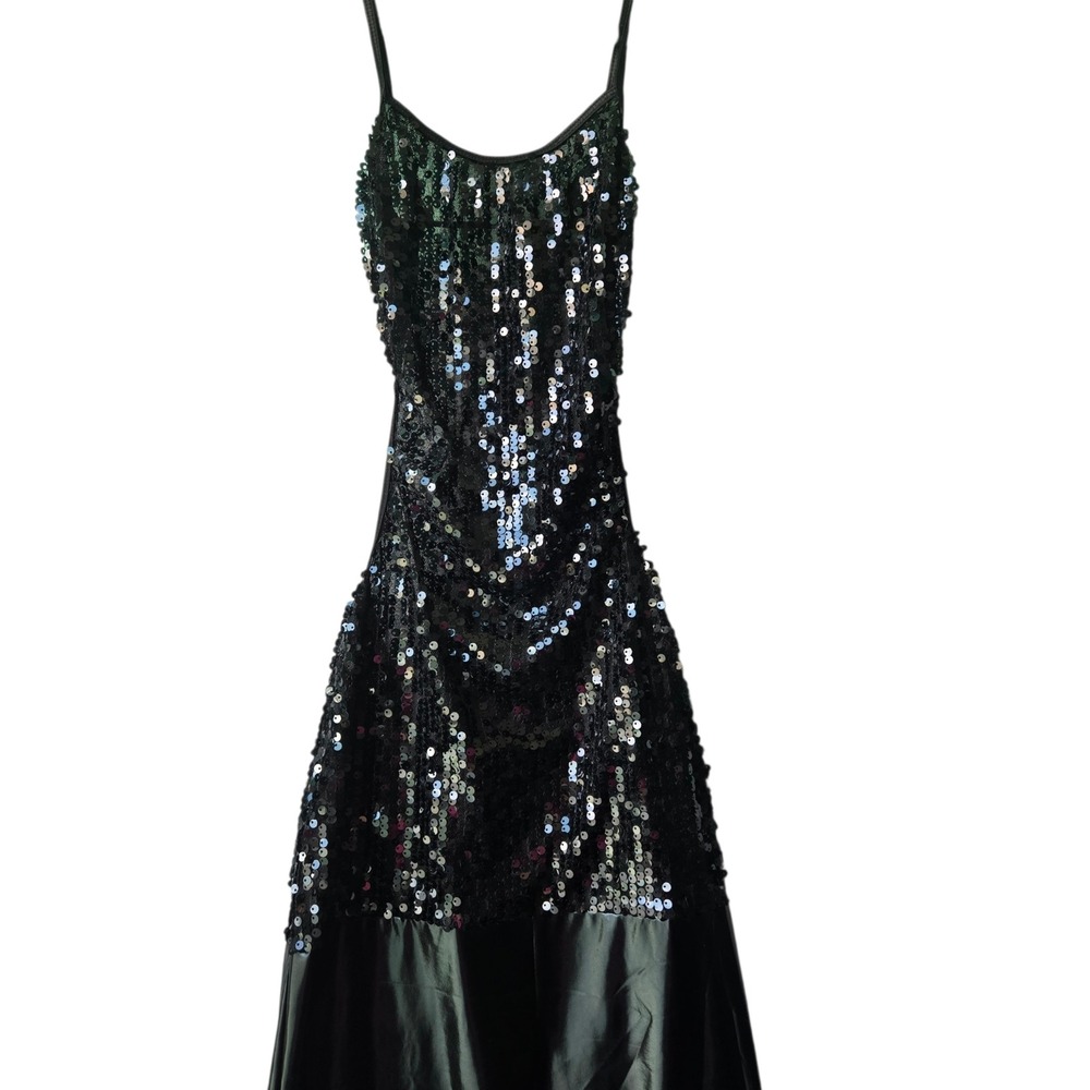 Black Sequin Latex Spaghetti Strap Maxi Gown Sexy Costume Dress Goth Party XS
